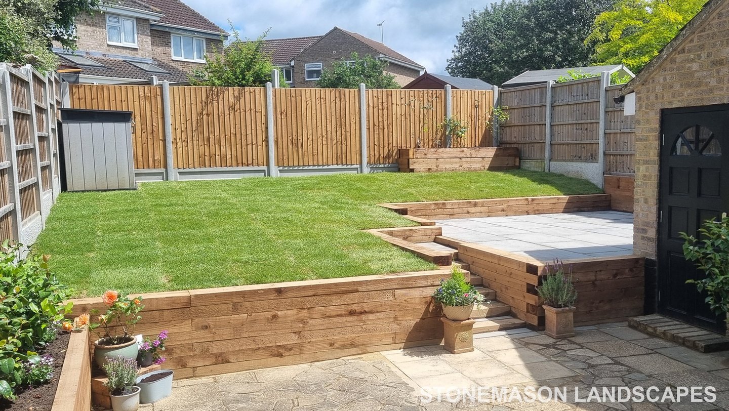Sleeper Walls Planters & Steps Grey Sandstone Patio & Lawn - Upminster Hornchurch Brentwood Romford 