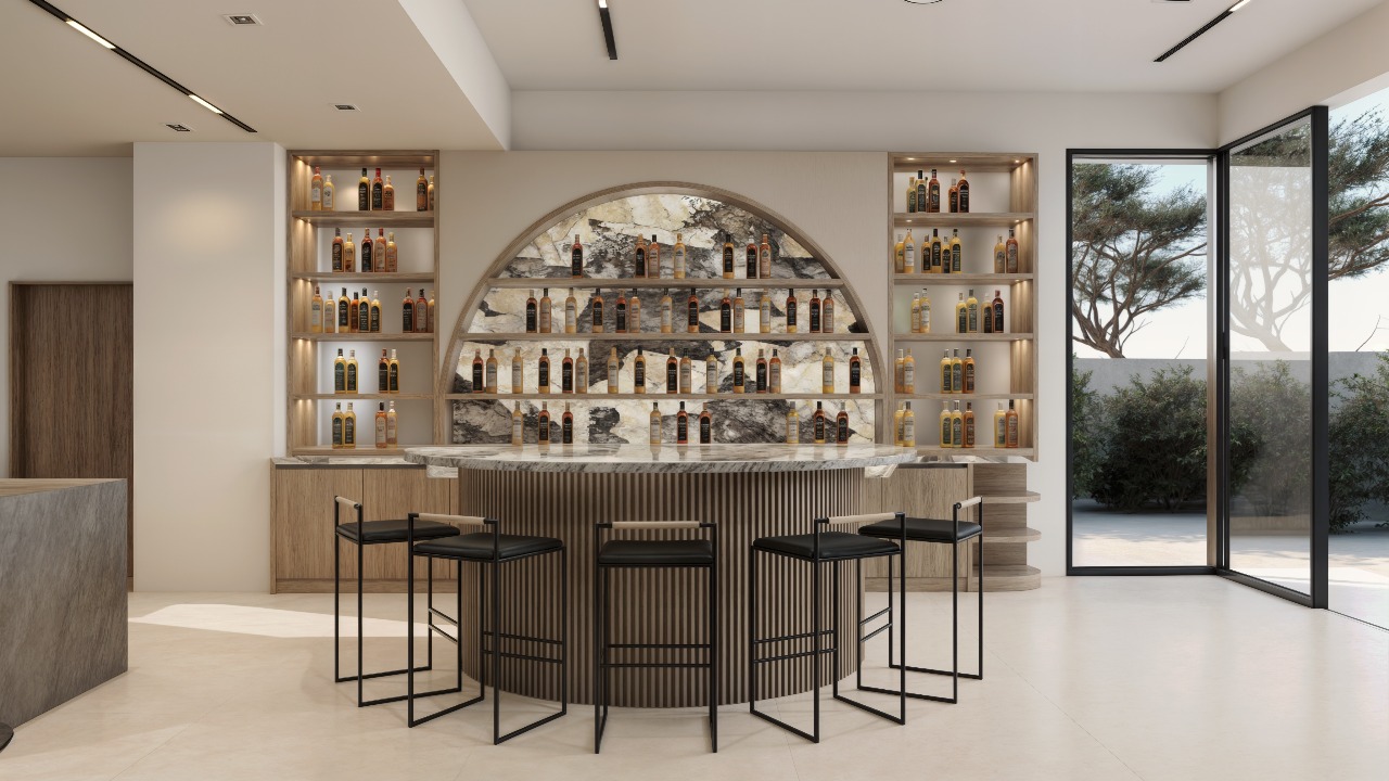Minimalist bar counter in luxury villa, DAMAC Hills designed by Moori Interiors