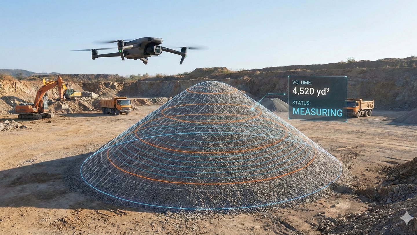 Drone aerial view of earthwork and stockpile material quantities