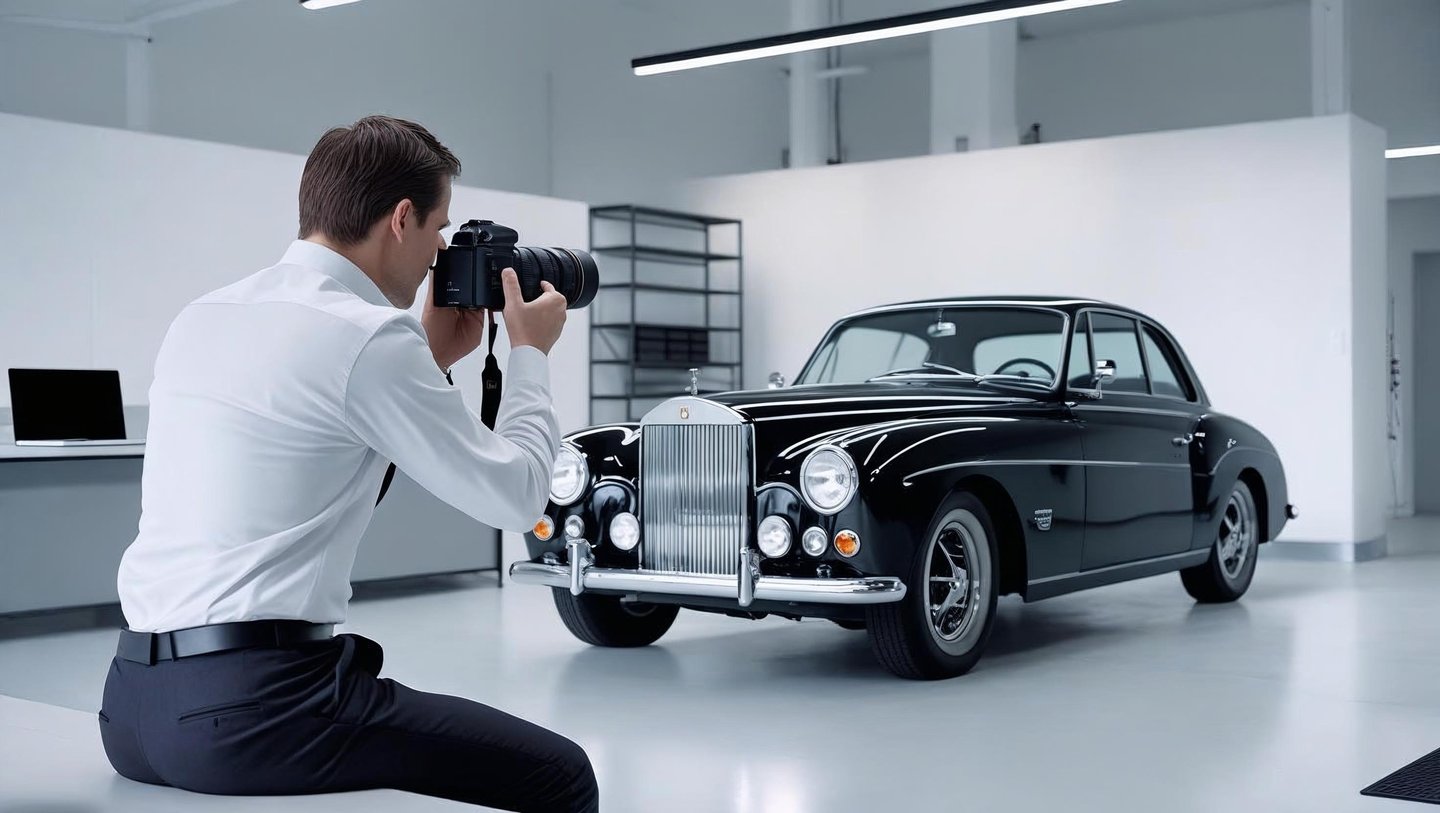 a man taking a picture of a oldtimer in a garage