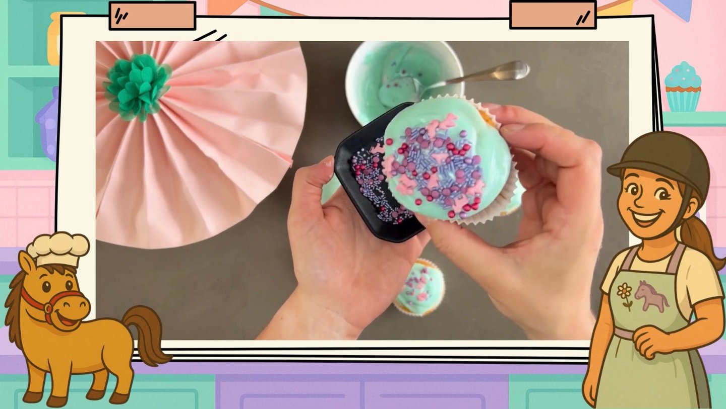 Ponytante dekoriert die Muffins mit Pferde-Streuseln