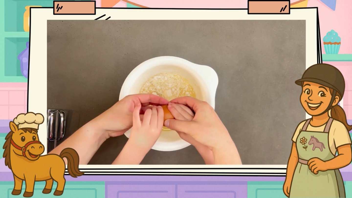 Ponytante hilft Kind das Ei in die Schüssel zu schlagen