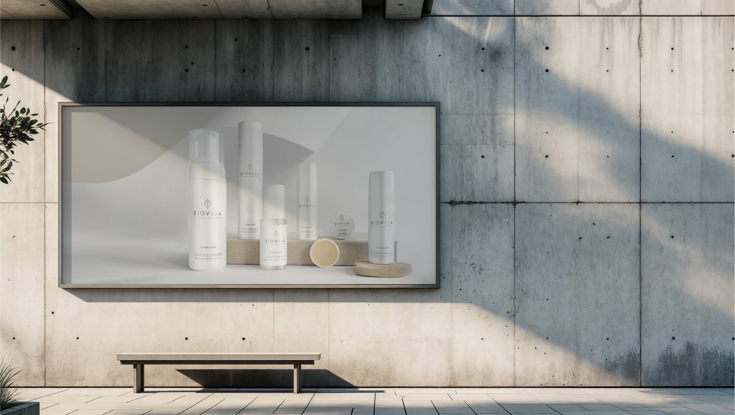 Biovija kosmetikos lauko reklamos stendo dizainas – vizualinis identitetas