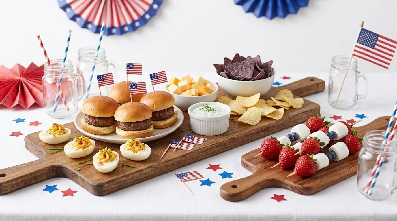Easy 4th of July finger foods including mini sliders, deviled eggs, and fruit skewers.