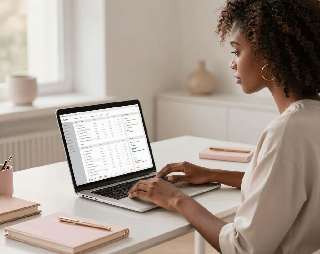 A serene workspace featuring a blush pink planner, gold pen, and a laptop with a soft beige background.