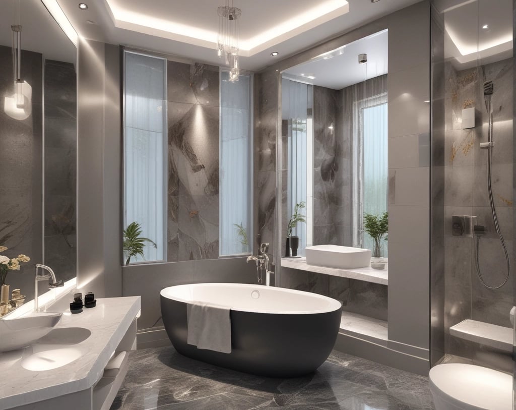 a bathroom with a bathtub and a large mirror