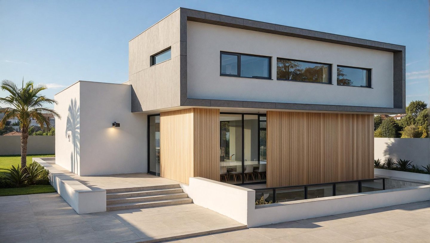 Modern two-story house with minimalist architecture, wood paneling, and a stone patio under a clear blue sky.