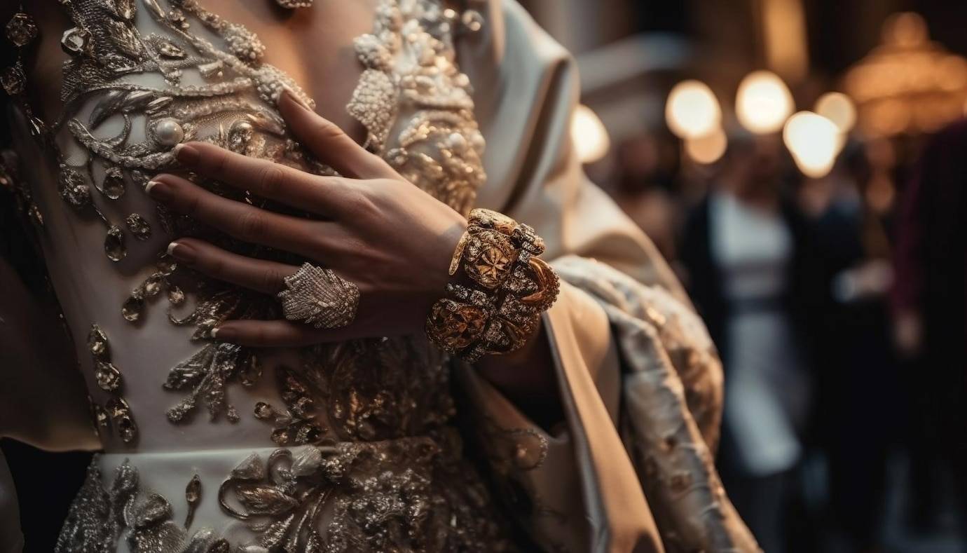 a woman in a gold dress with a gold bracelet and a gold bracelet
