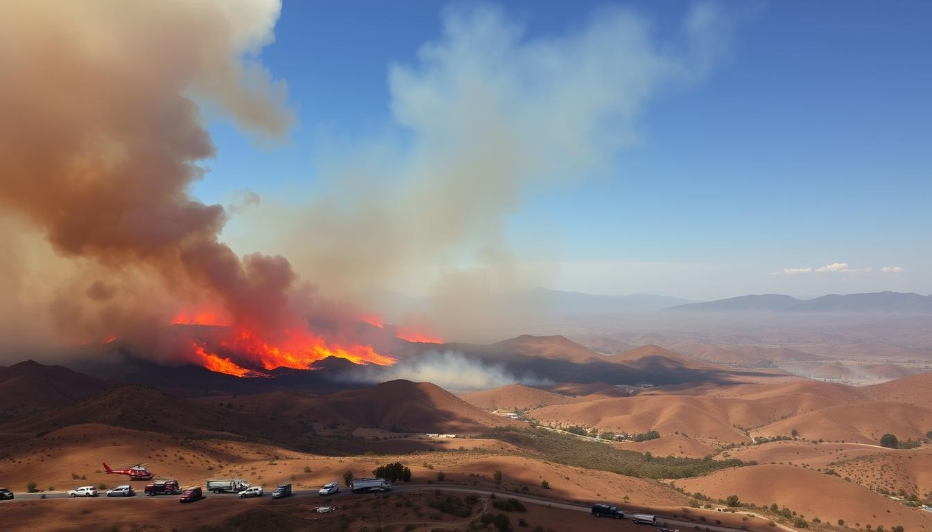 A sweeping aerial view of a vast California landscape engulfed in wildfires.