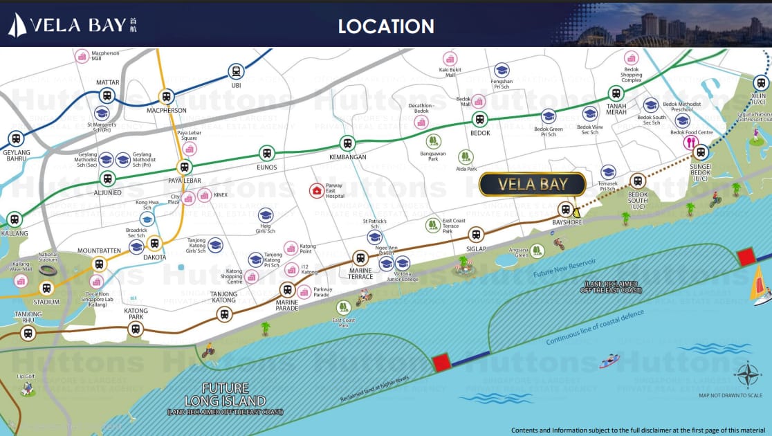 Location map of Vela Bay condominium in Singapore showing nearby MRT stations and schools.