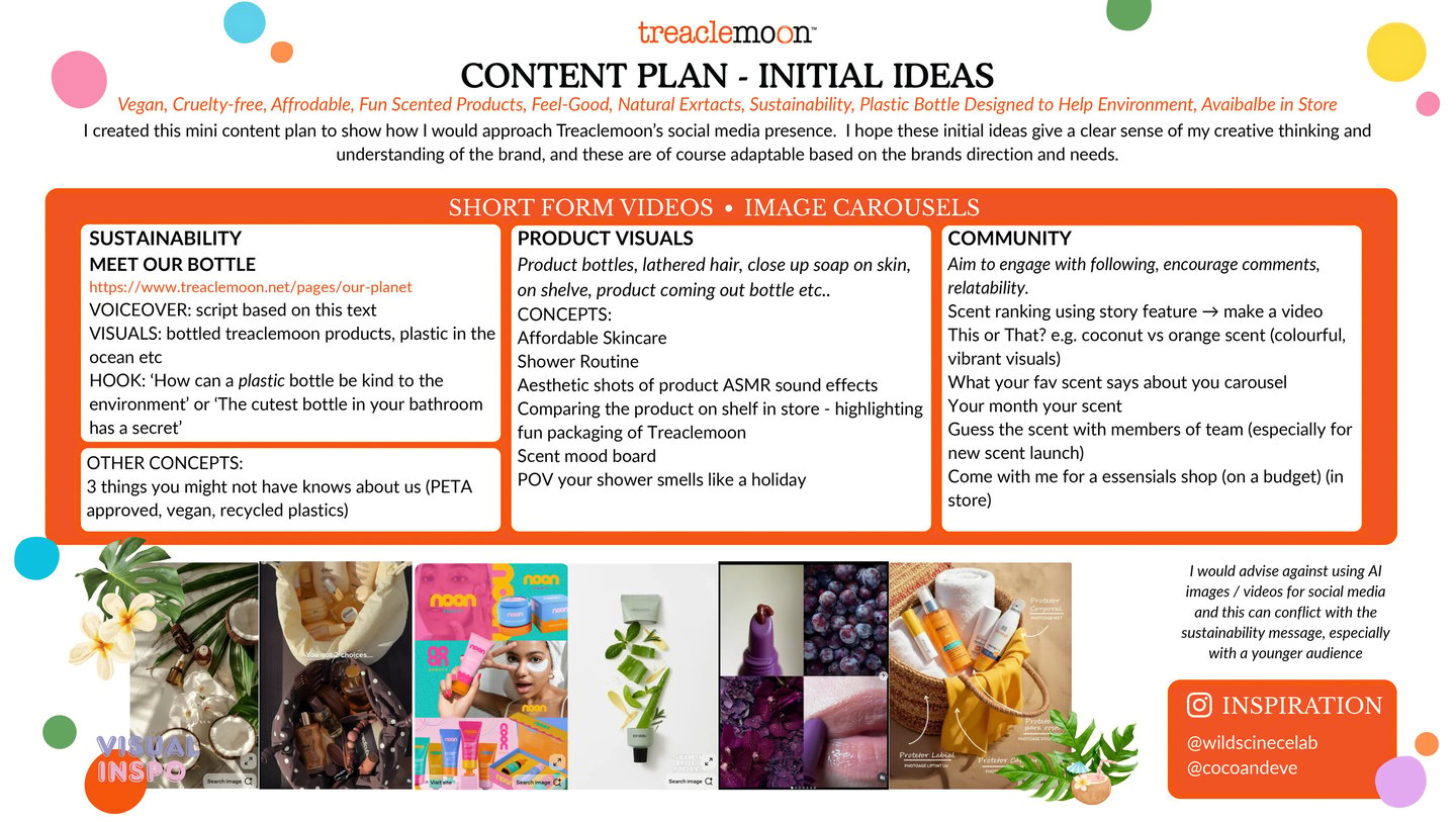 Treaclemoon social media content plan outlining sustainability, product visual and content ideas