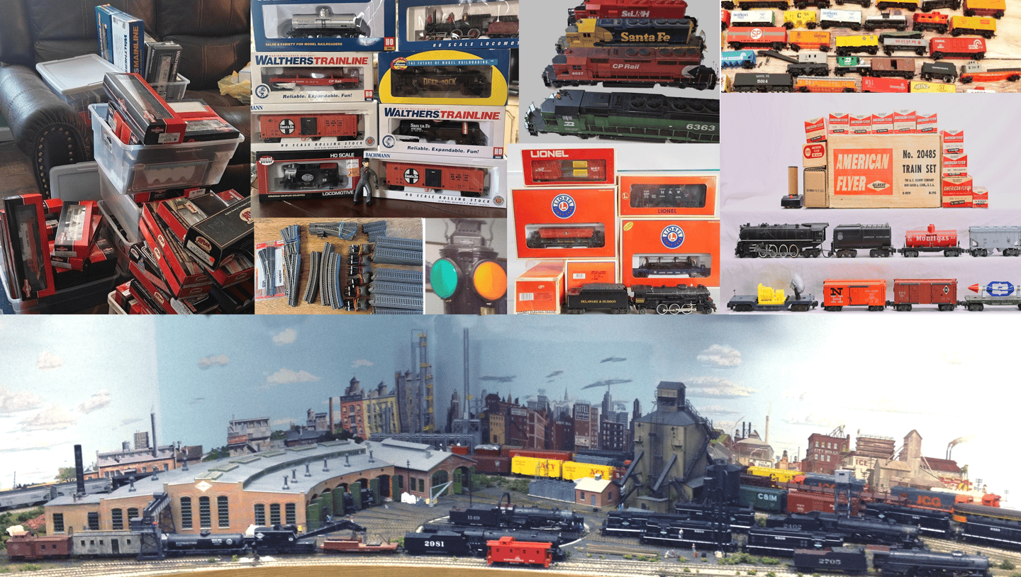 Picture of model train layout, boxes, locomotives, train cars
