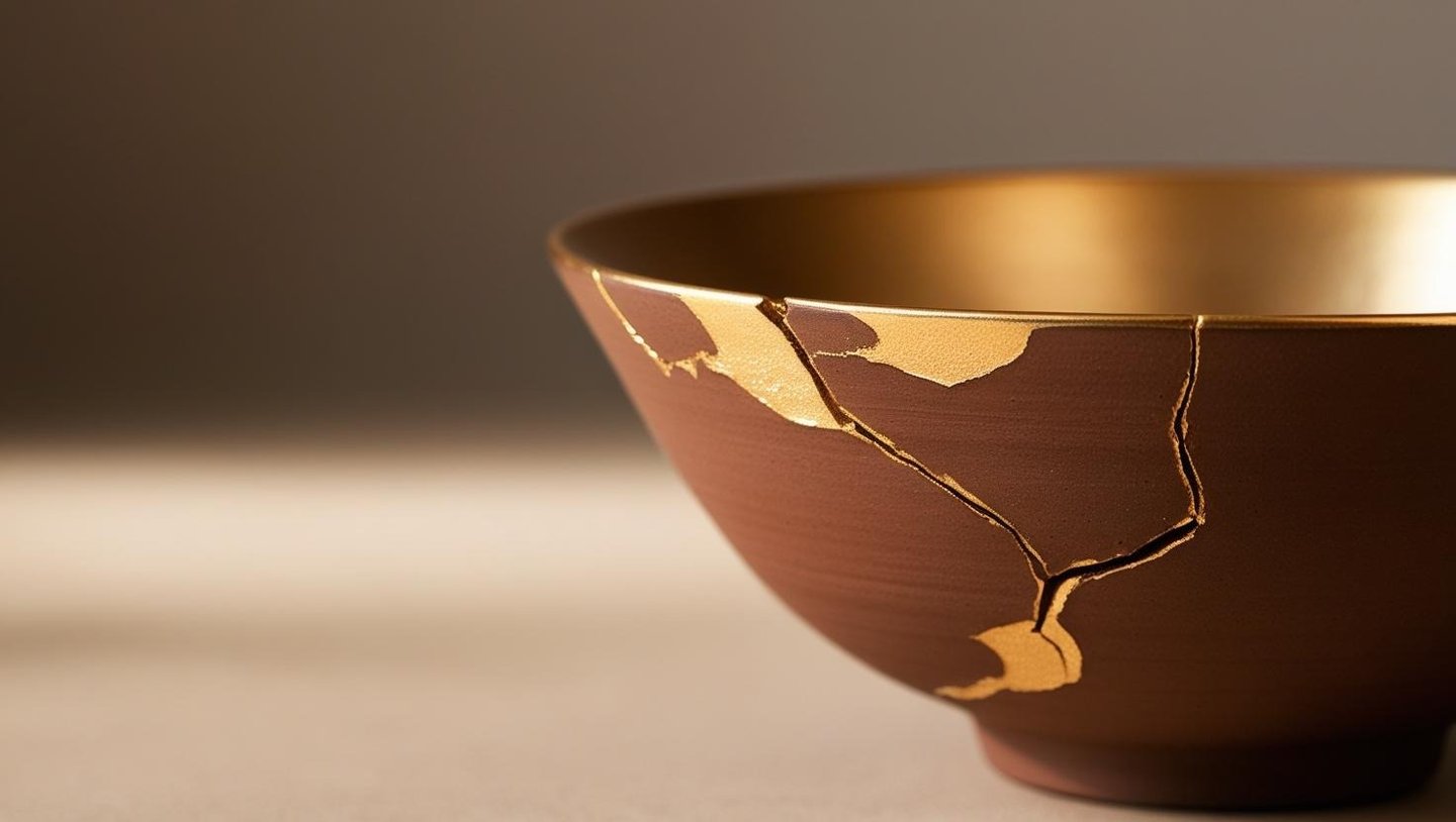 Ceramic bowl repaired with golden Kintsugi cracks, symbolizing beauty in imperfection.