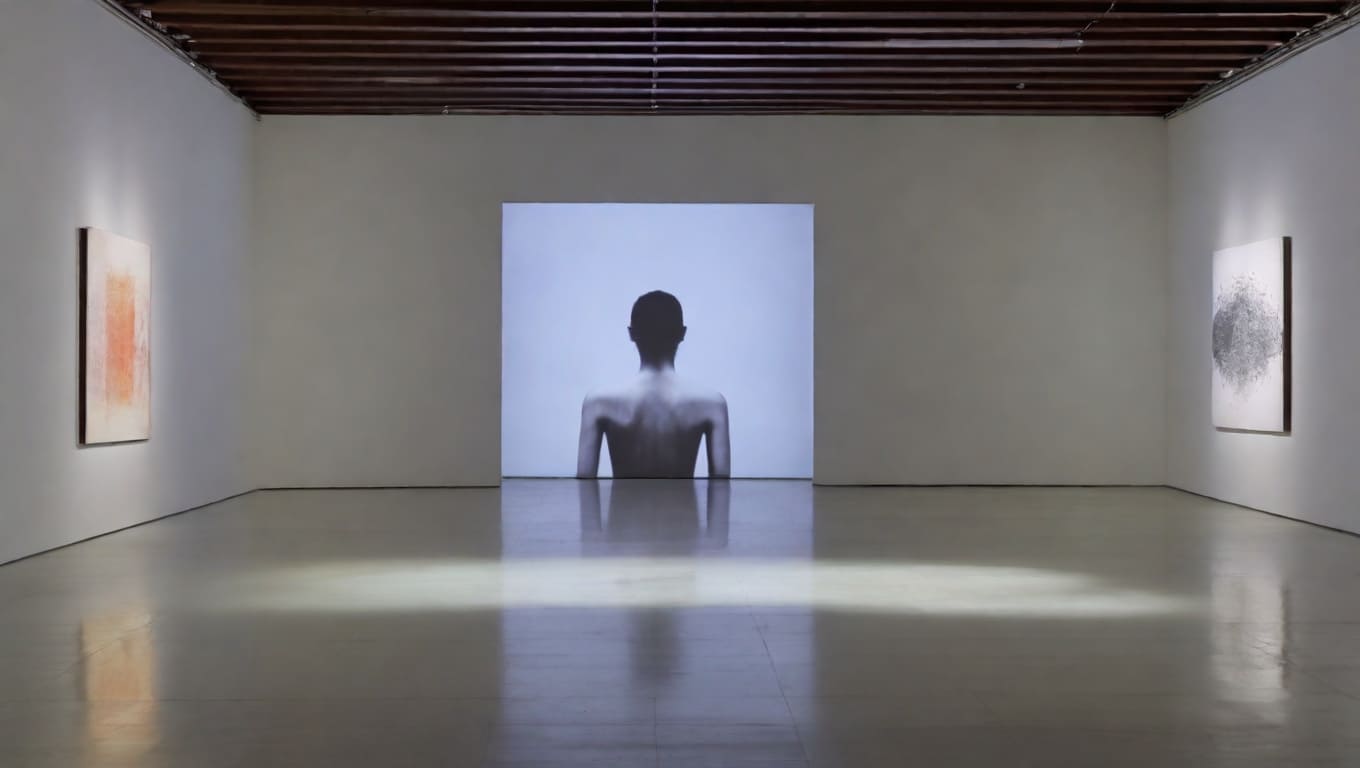 Sala de galeria minimalista com uma projeção em tela grande