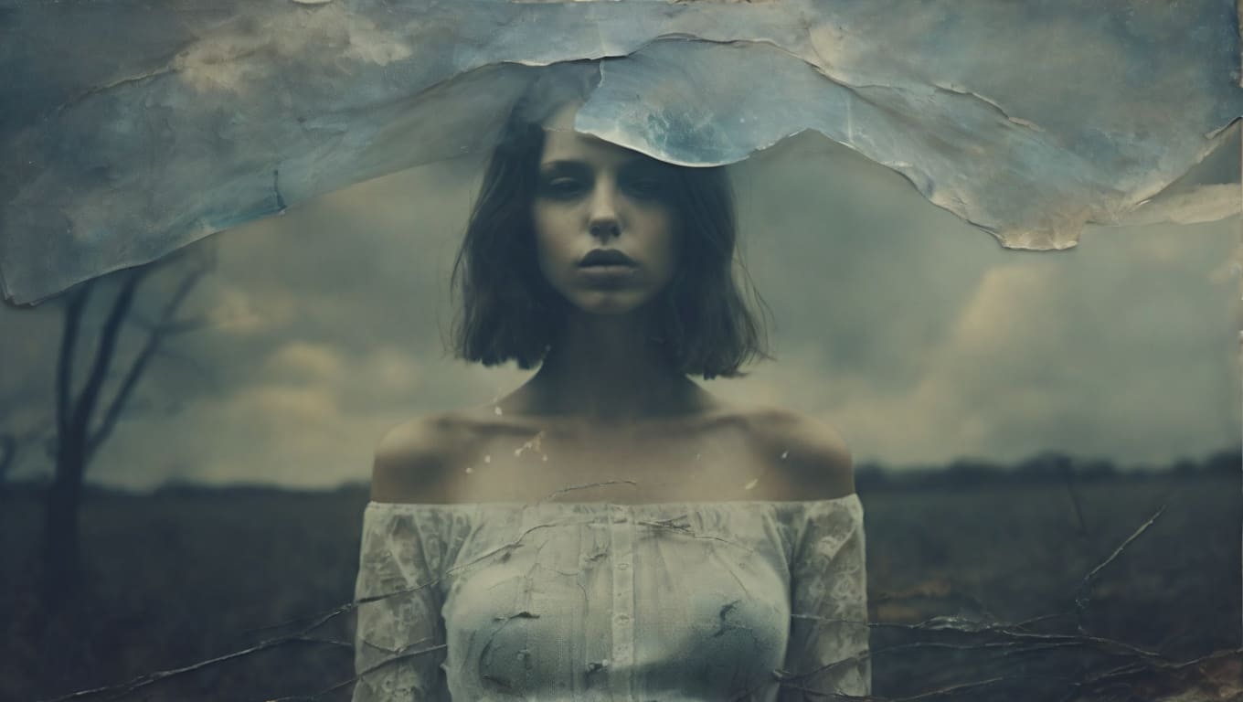 Retrato de mulher com cabelo curto, em campo aberto sob céu nublado, com efeito de pintura em papel