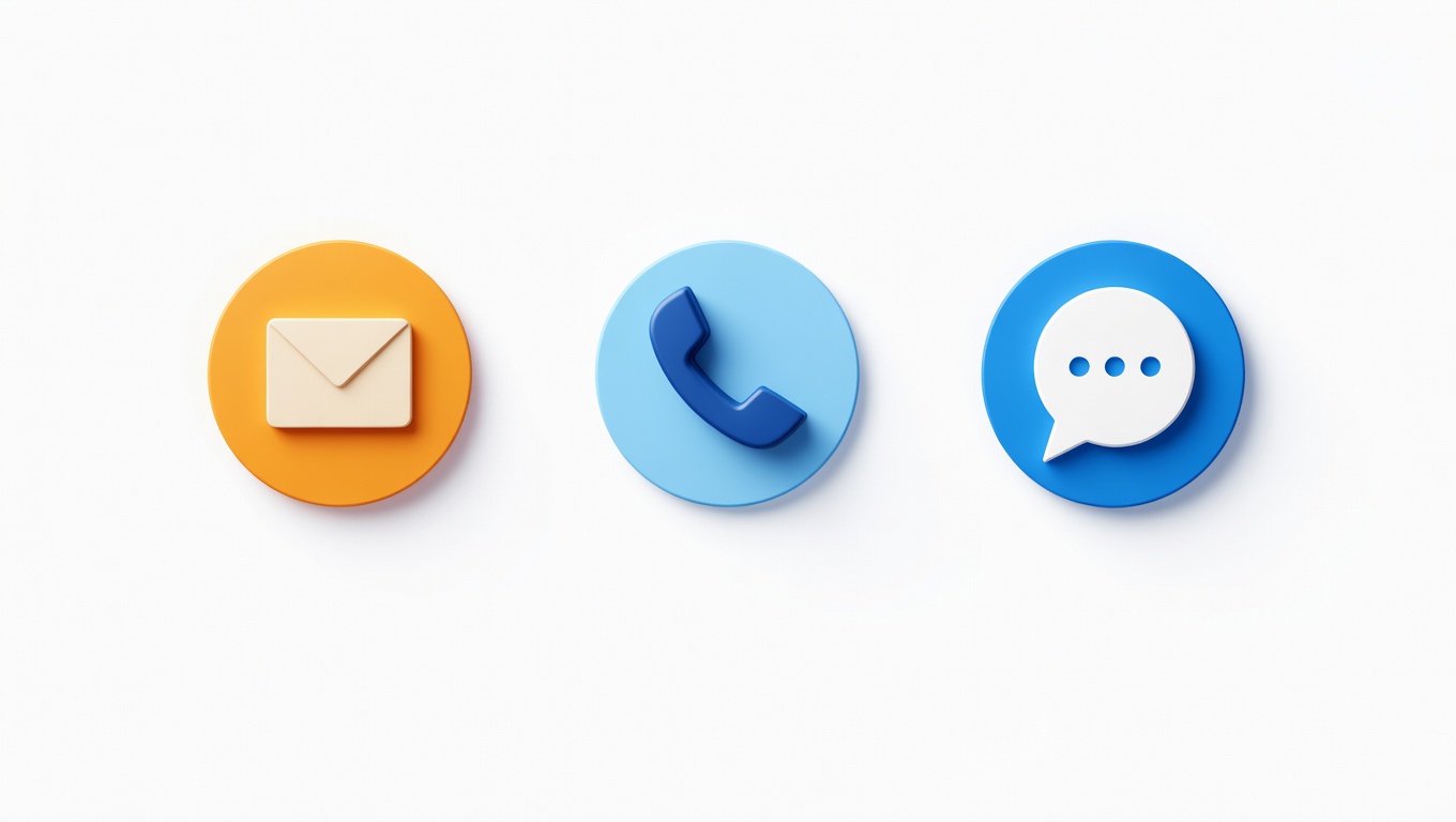 3D contact icons featuring an envelope, phone handset, and chat bubble for support services.
