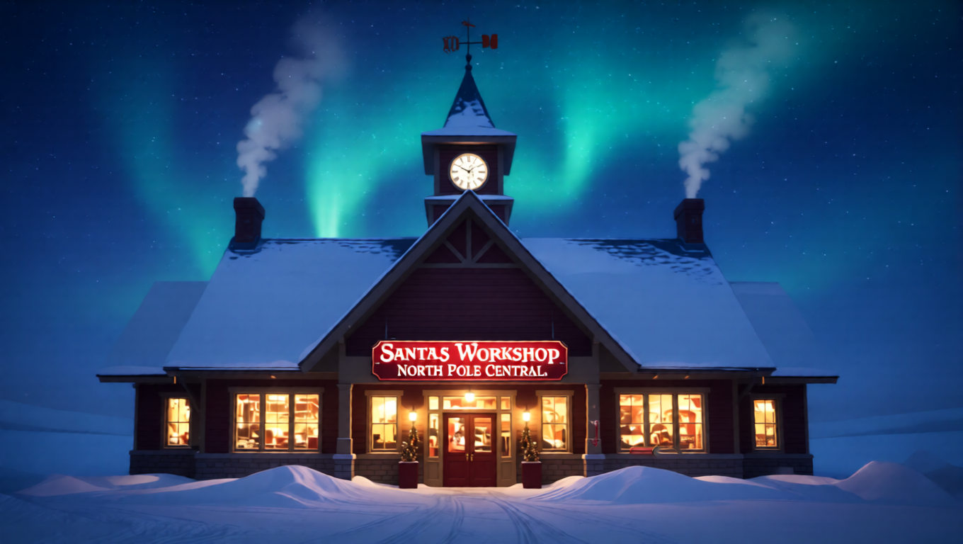Illustration of Santa's Workshop at North Pole Central with Northern Lights in the sky.