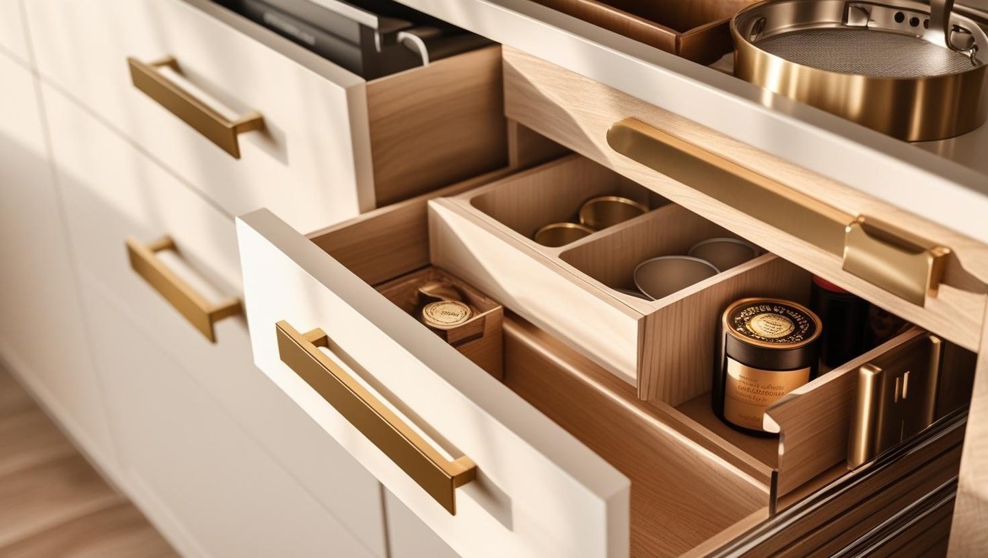 Close-up of custom kitchen features like gold handles, organizers, and soft-close drawers.
