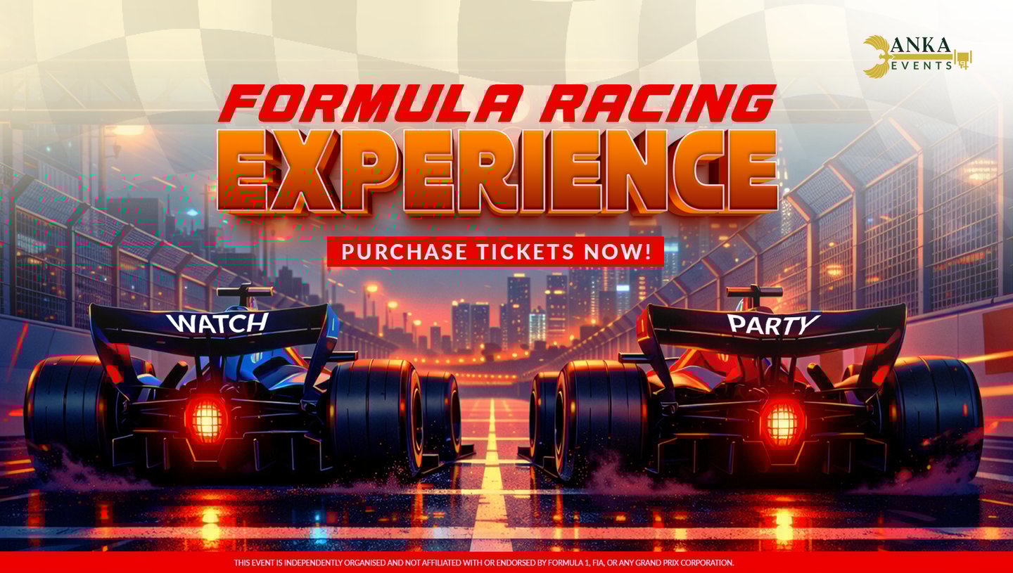 Formula racing experience event banner featuring two race cars on a city track at night with ticket details.
