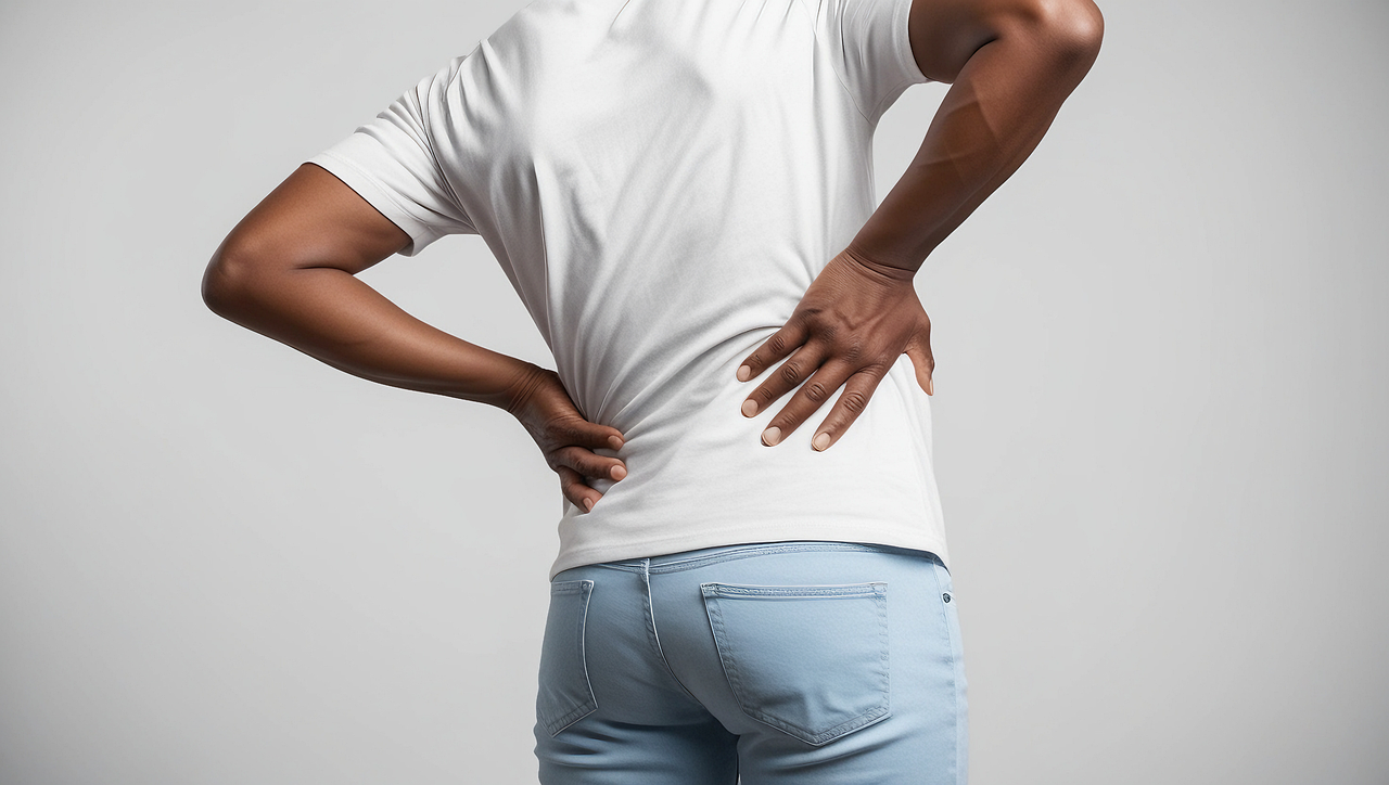 Person holding lower back and leaning to one side, indicating low back pain.