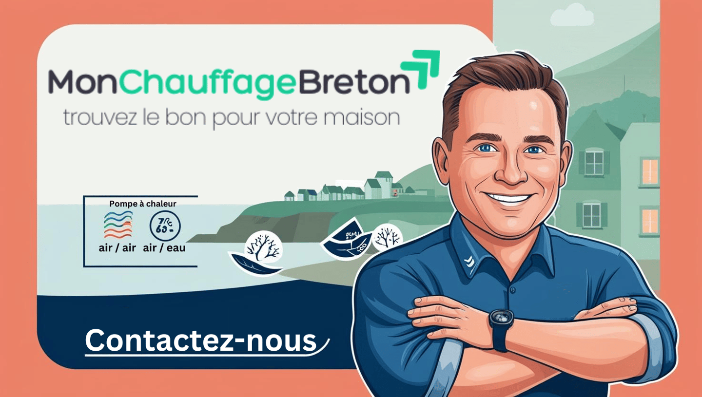 Un expert chauffagiste en Bretagne devant la mer et un village breton, qui parle pompes à chaleur