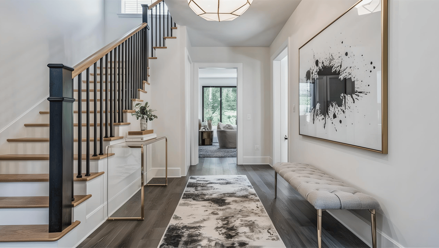 a hallway with a bench and a bench with a bench in the middle