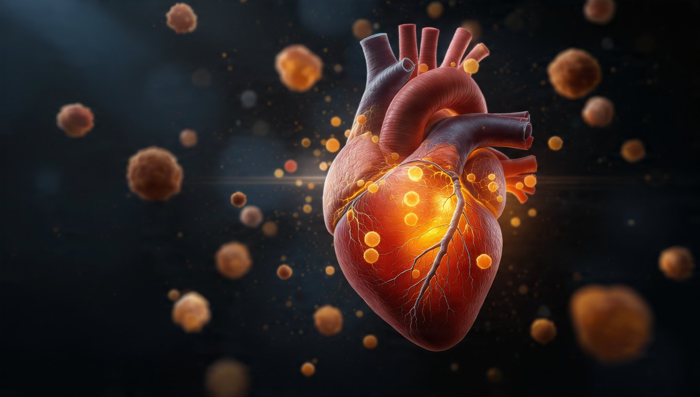 Cuore e particelle di colesterolo LDL in rappresentazione scientifica realistica