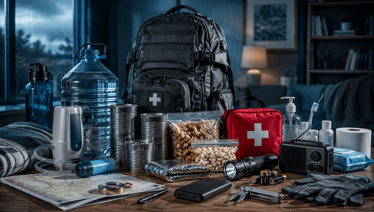 Emergency survival kit with a tactical backpack, first aid supplies, canned food, and water for disaster preparedness.