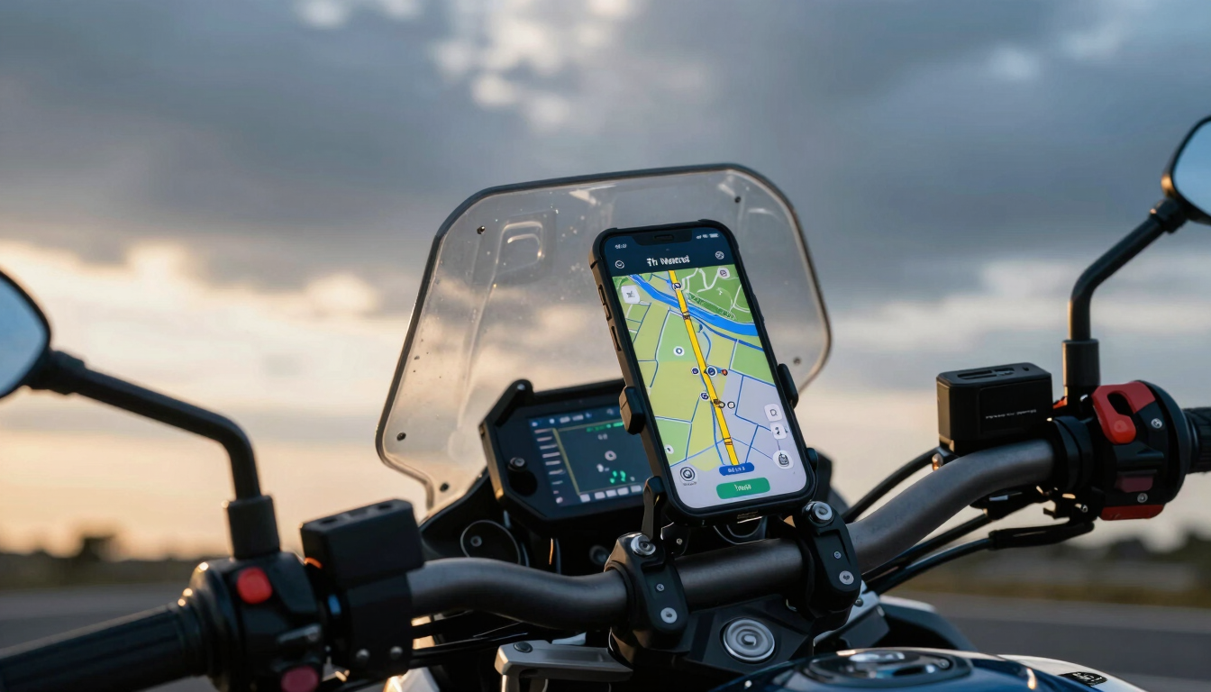 Close-up of a smartphone mounted on a motorcycle handlebar showing a GPS route map, high-contrast blue and yellow screen glow, dramatic overcast daylight