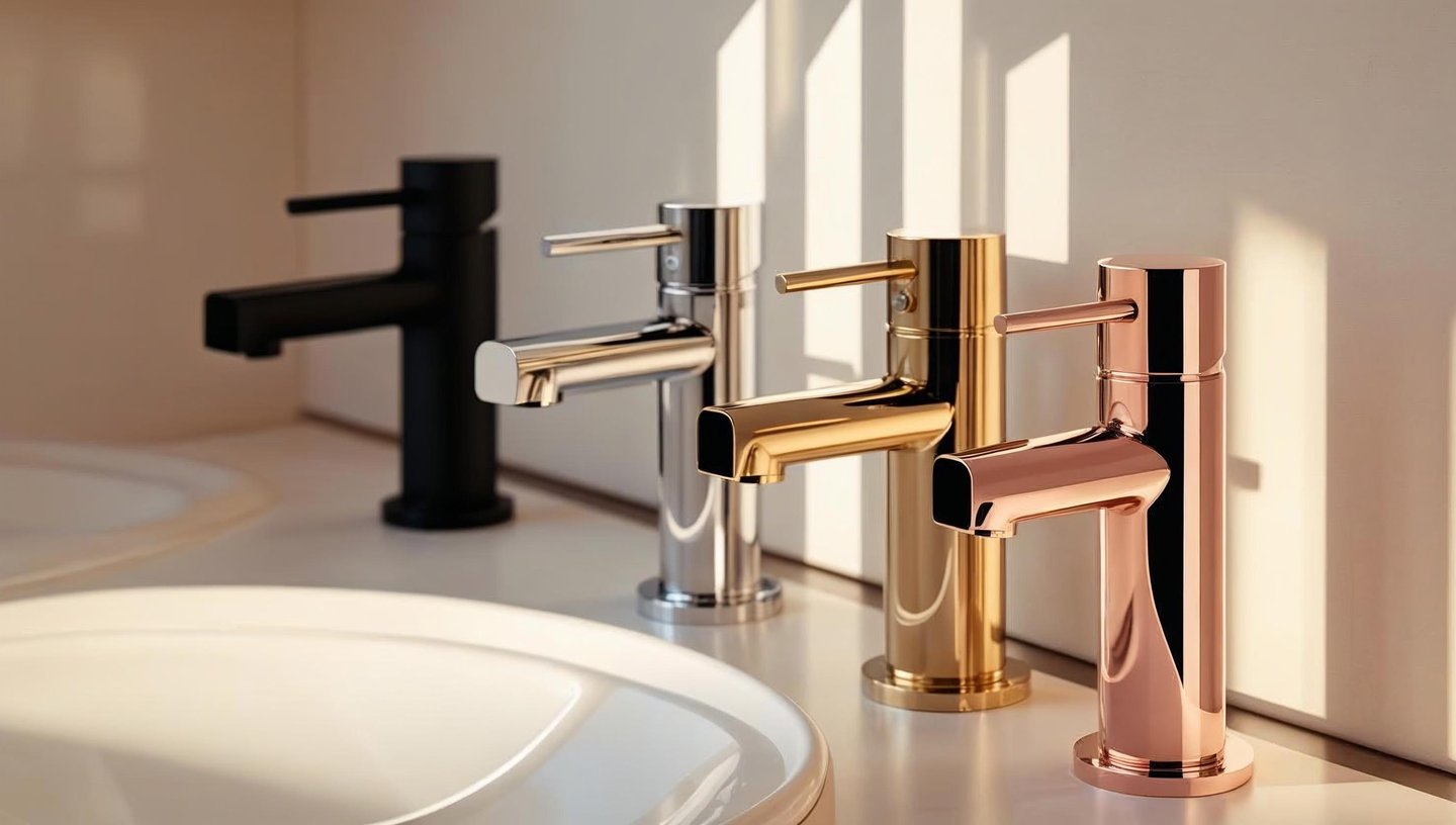 Display of luxury bathroom faucets in multiple finishes including black and brass.