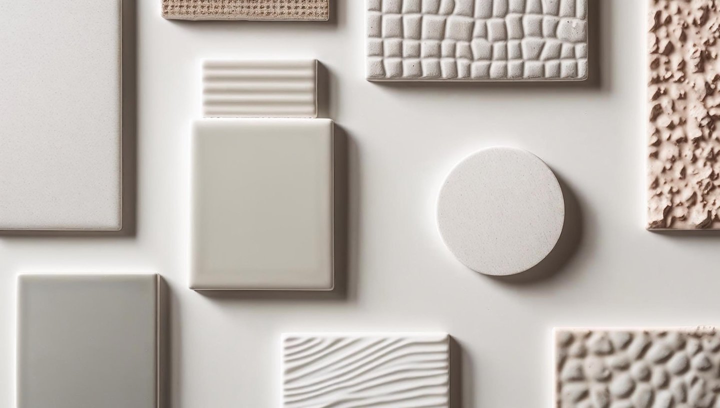 Close-up of ceramic tile samples with glossy, matte, and patterned finishes.