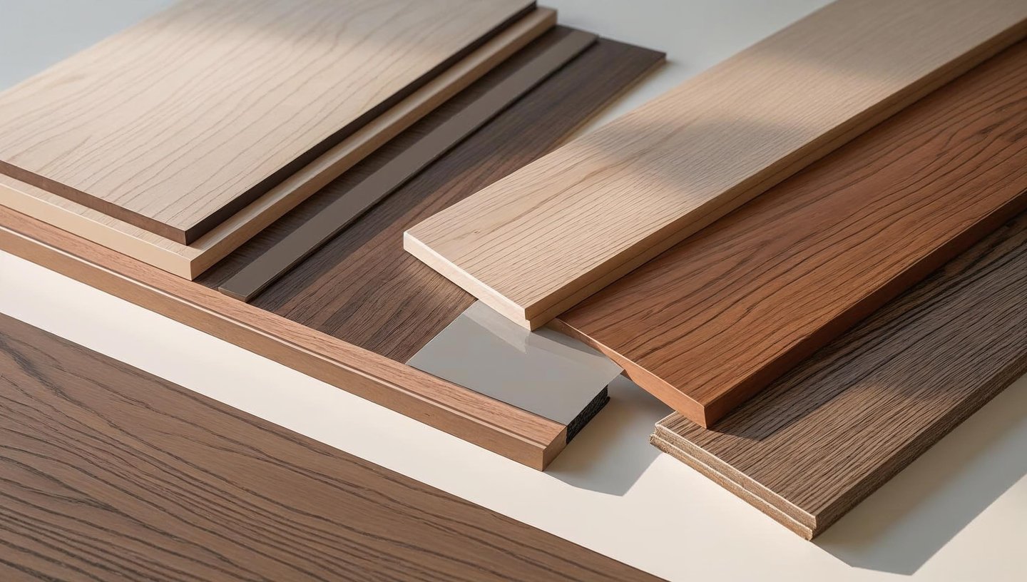 Close-up of engineered wood flooring samples with various finishes.