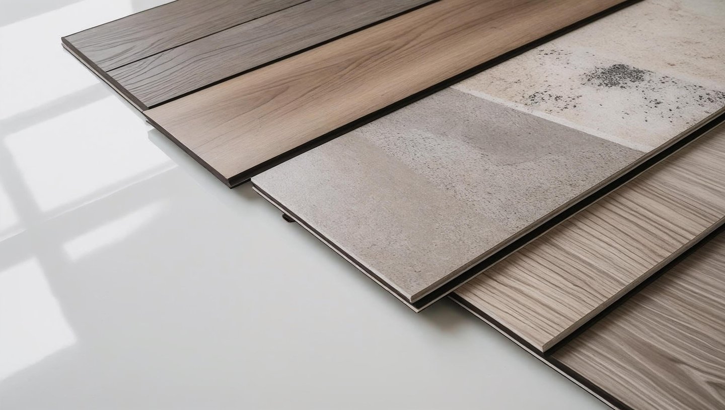 Close-up of laminate flooring samples with woodgrain and stone-look finishes.