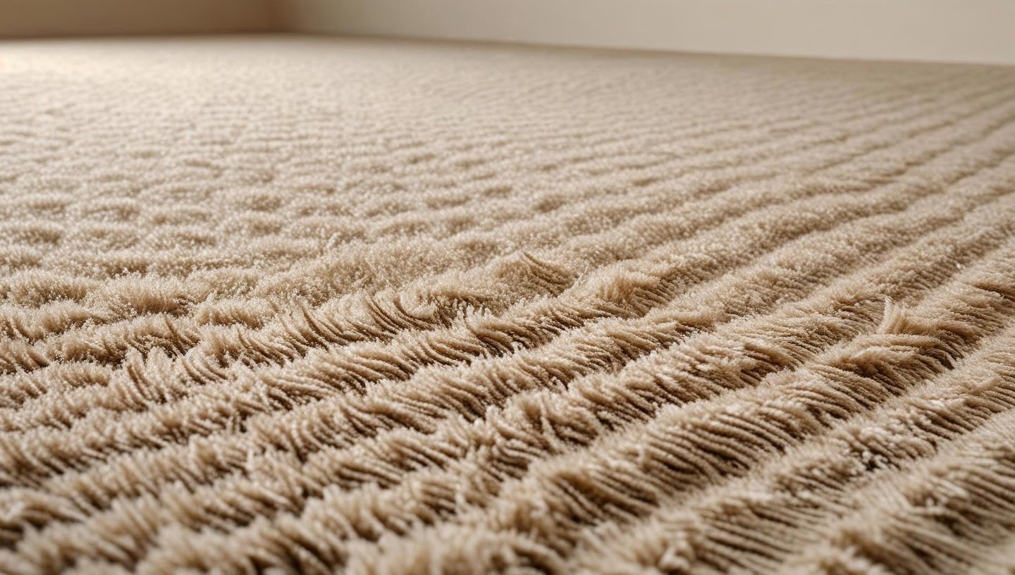 Close-up of plush beige carpet flooring with soft texture.