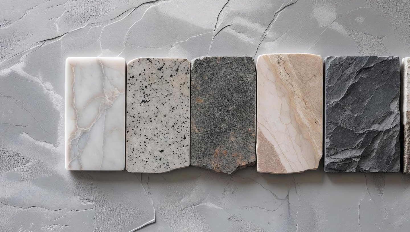 Close-up of polished marble, granite, travertine, and slate natural stone samples.