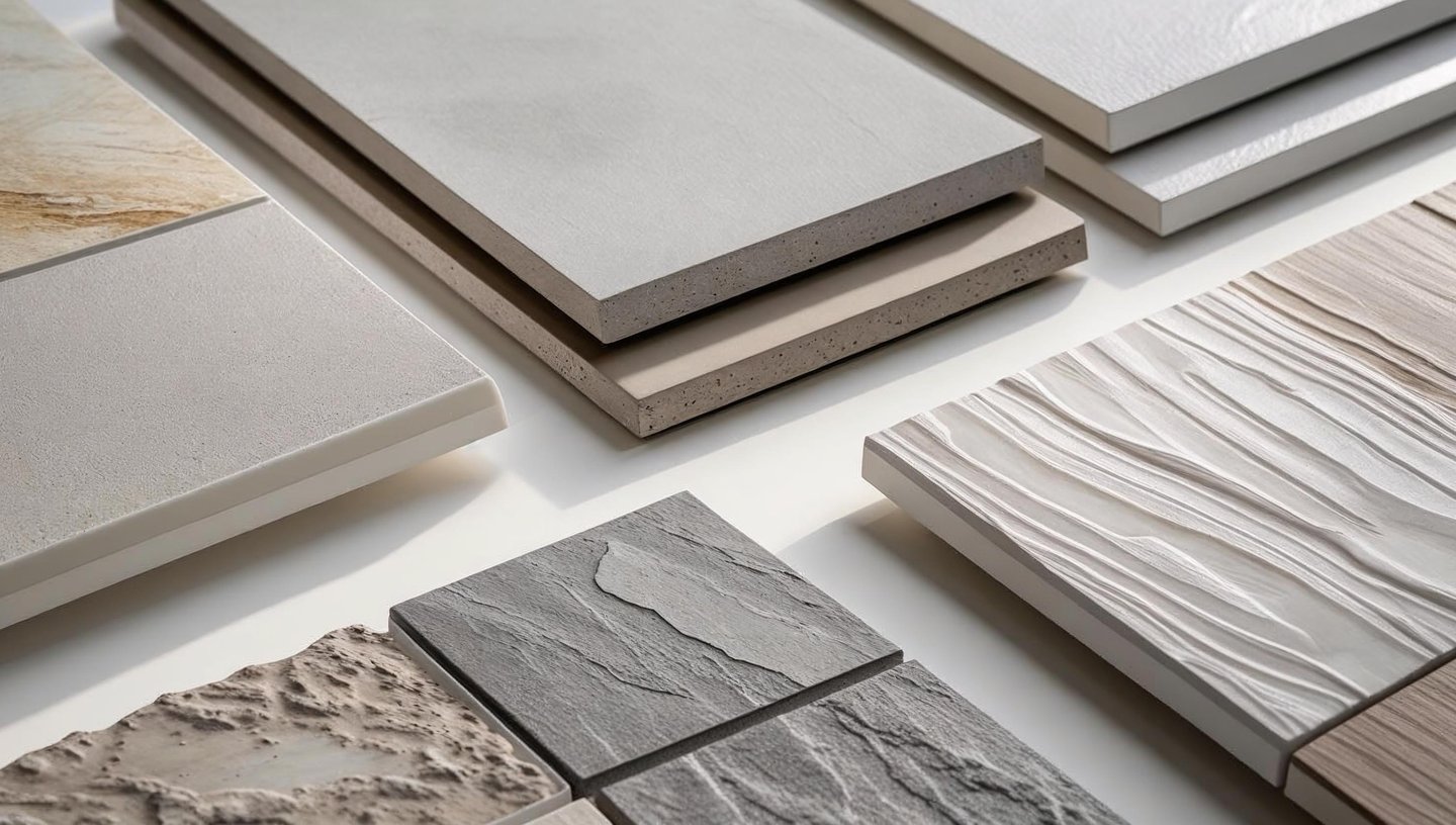 Close-up of porcelain tile samples showcasing different finishes and textures.