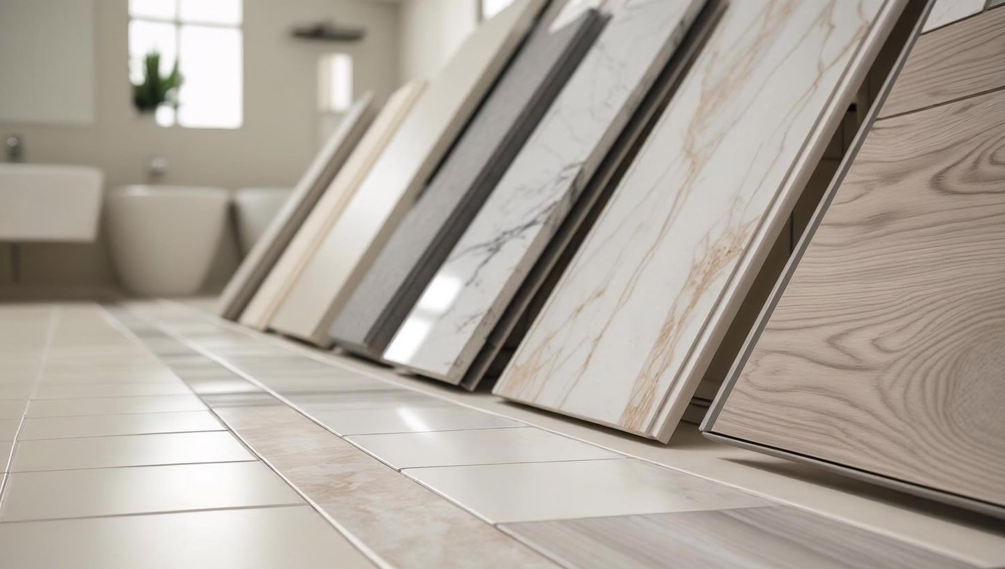 Bathroom flooring samples including porcelain, marble, vinyl, and wood-look tiles.