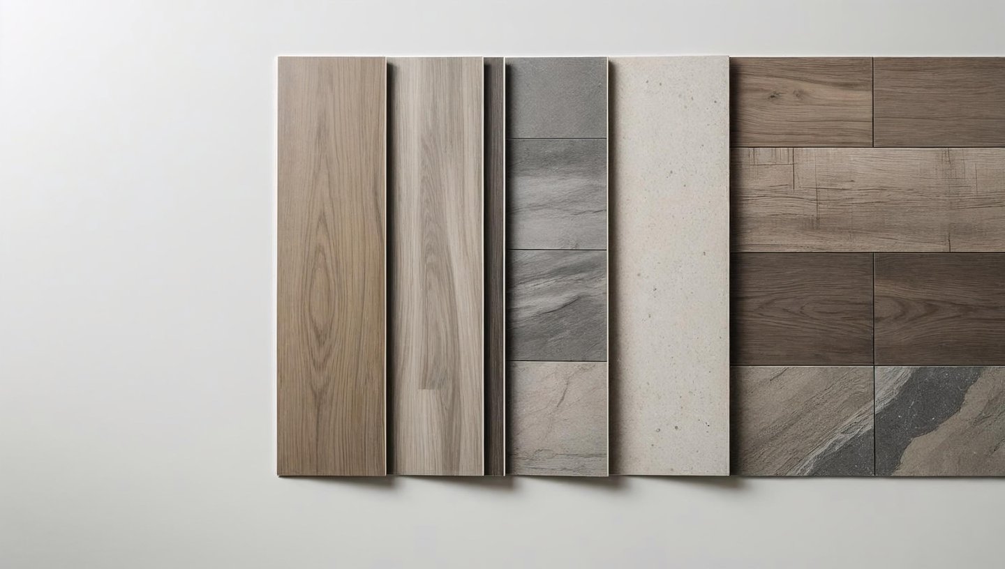 Close-up of vinyl plank flooring samples with wood-look and stone-look finishes.