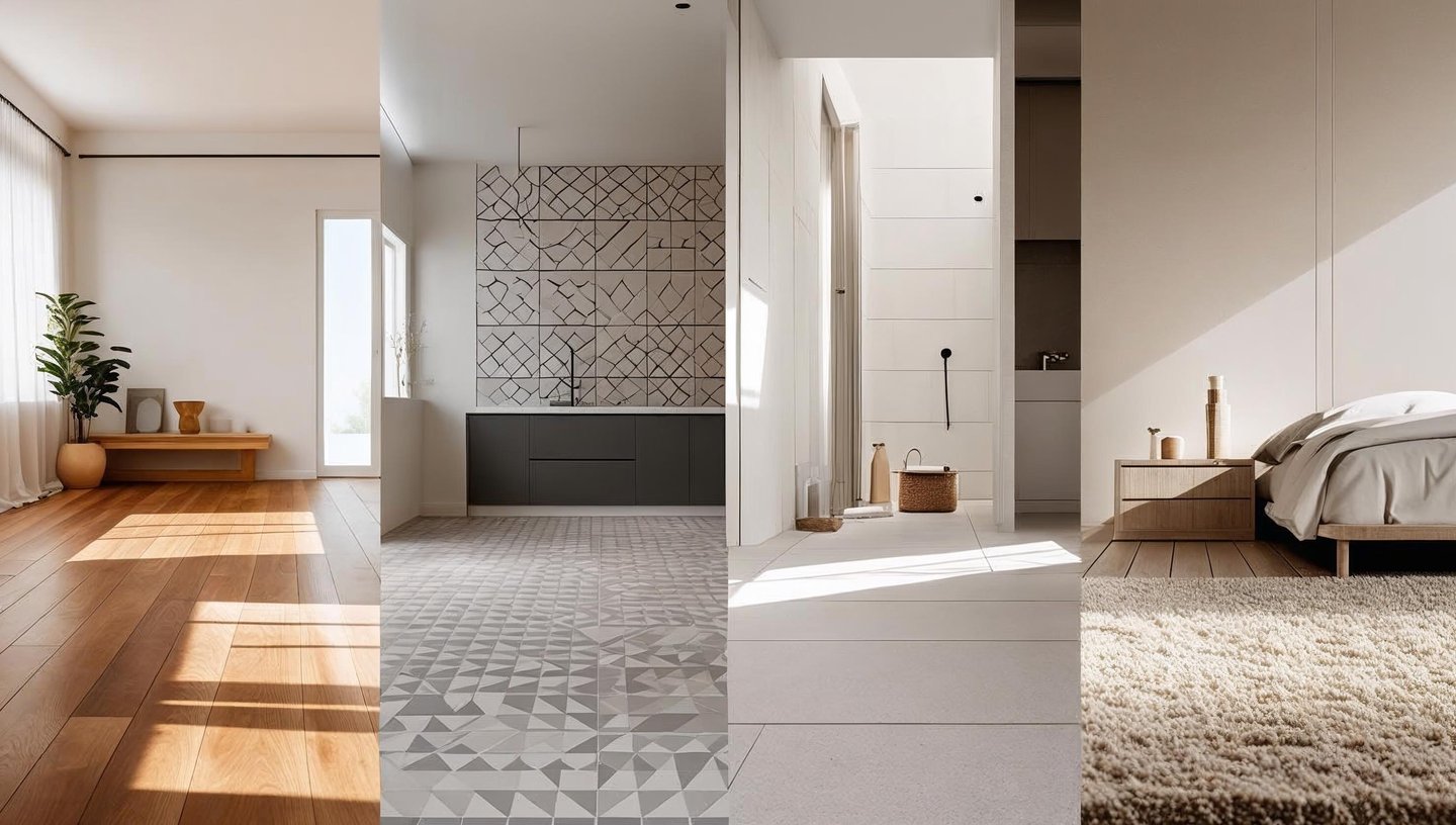 Collage of hardwood, tile, carpet, and stone flooring styles for various rooms.