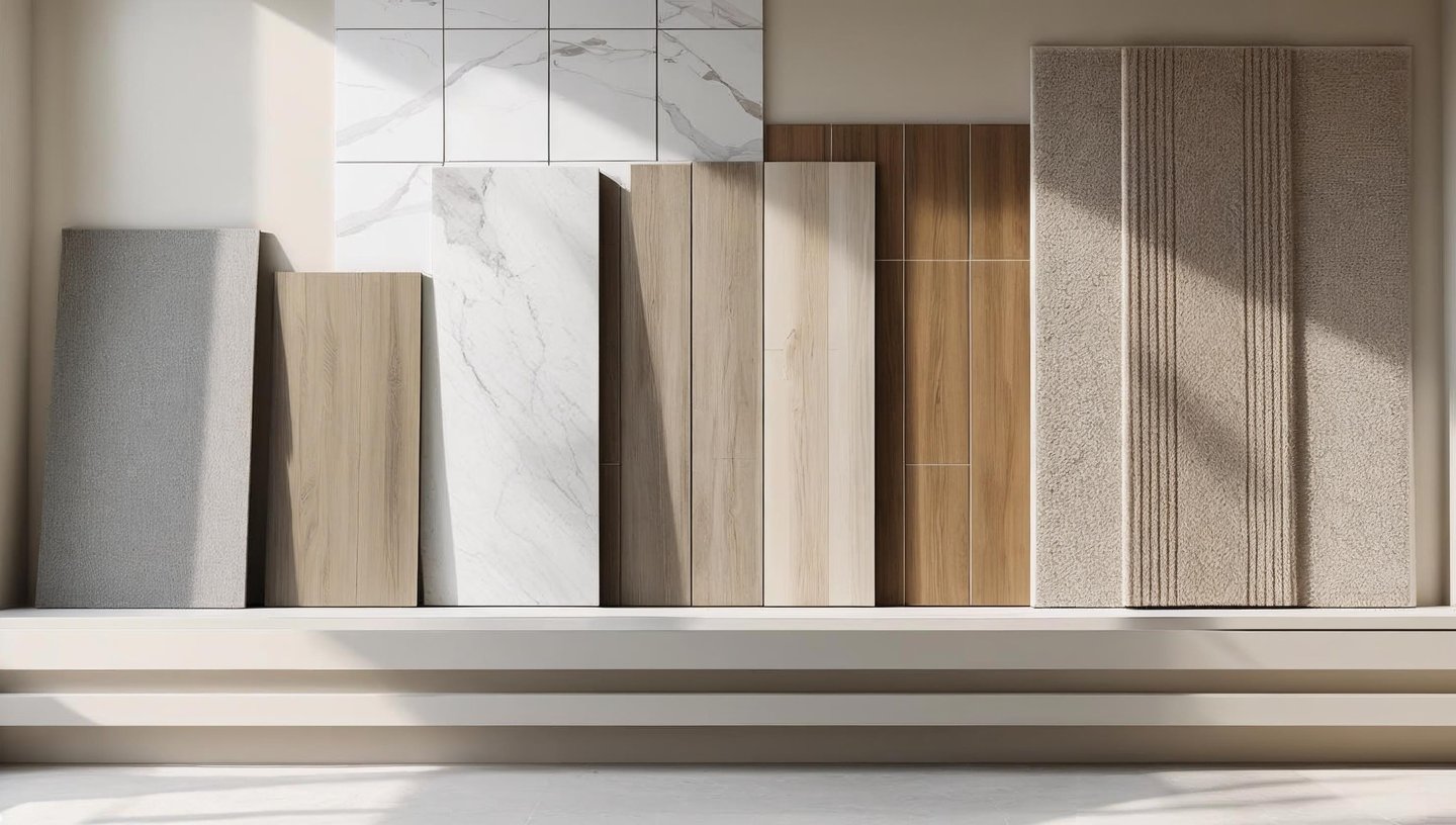 Various flooring materials including wood, tile, marble, laminate, vinyl, and carpet samples.