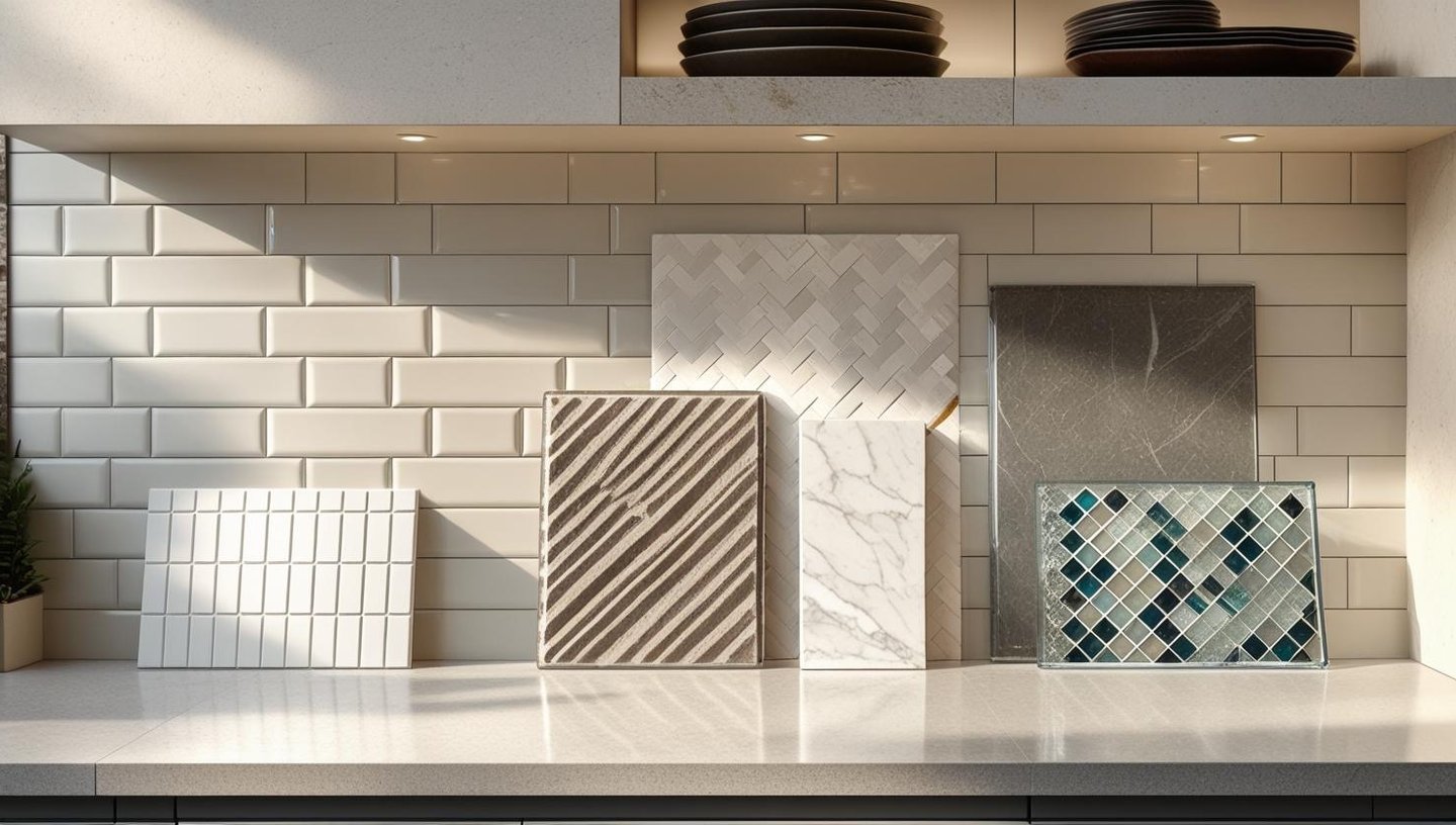 Backsplash samples on a showroom counter, including subway, marble, mosaic, and herringbone tiles.