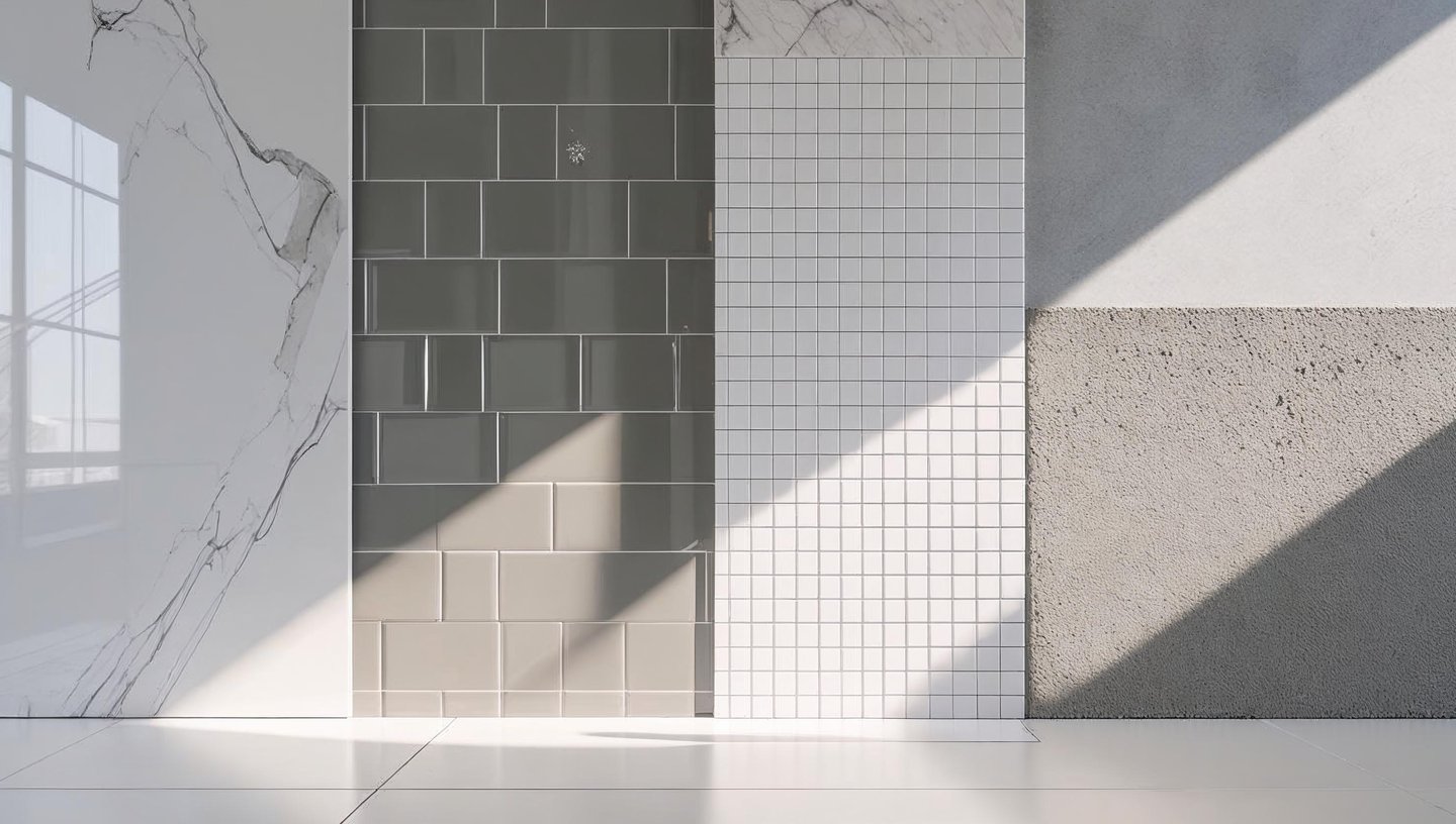 Display of different bathroom wall finishes including marble, tile, and microcement.