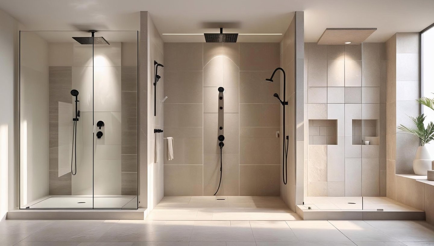 Display of modern walk-in showers with glass, rainfall heads, and built-in niches.