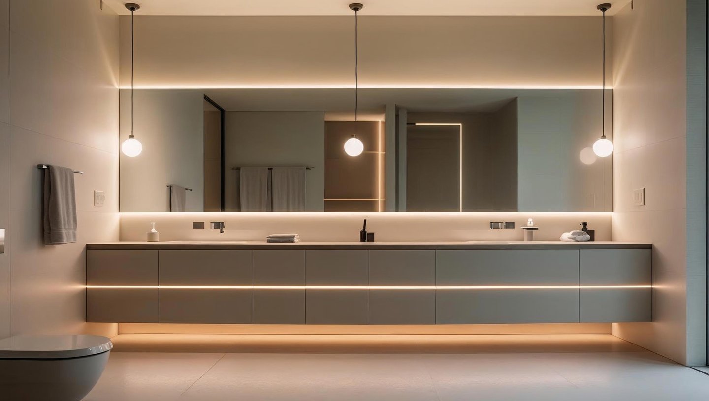 Bathroom with smart lighting and backlit mirrors above a modern vanity.