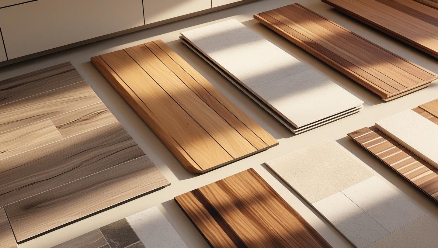 Kitchen flooring samples including wood, tile, and stone laid out on a showroom counter.