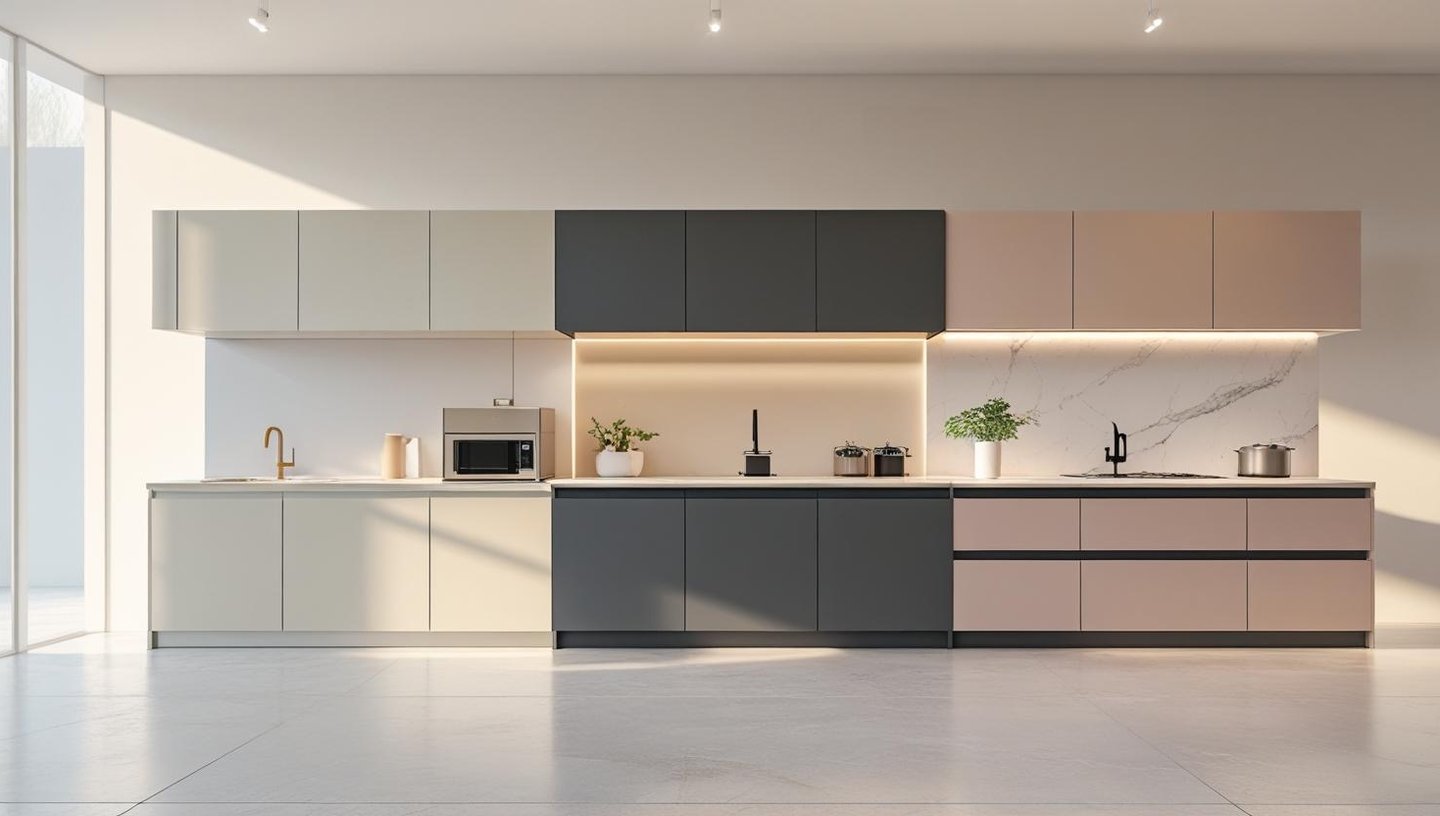 Three modern kitchen setups showing basic, modern, and luxury renovation styles.