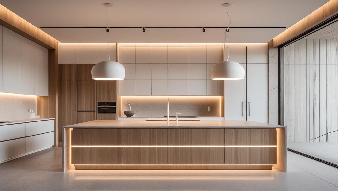 Modern kitchen with pendant lights, under-cabinet LEDs, and ceiling spotlights in a bright, stylish