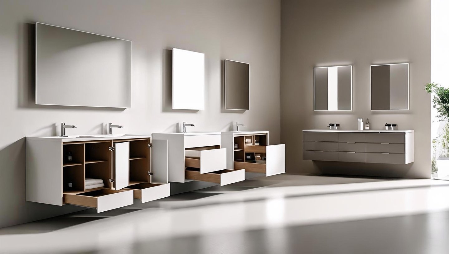 Showroom with different bathroom vanity styles and storage options on display.