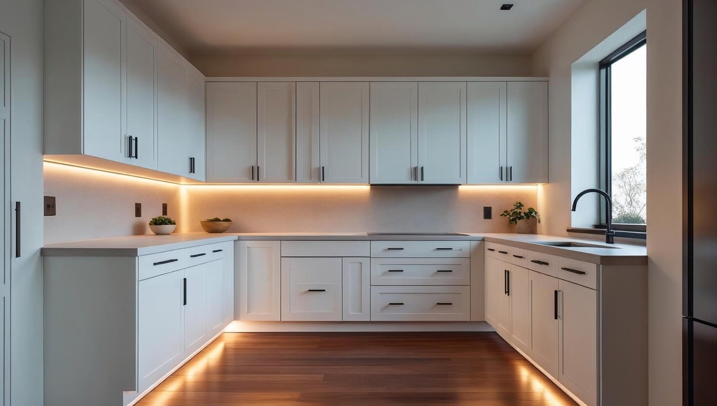 White shaker kitchen cabinets with black handles in a modern, minimal space.