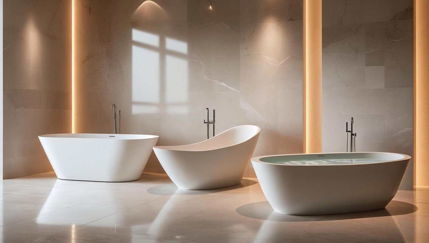 Freestanding and jetted tubs on display in a modern bathroom showroom.